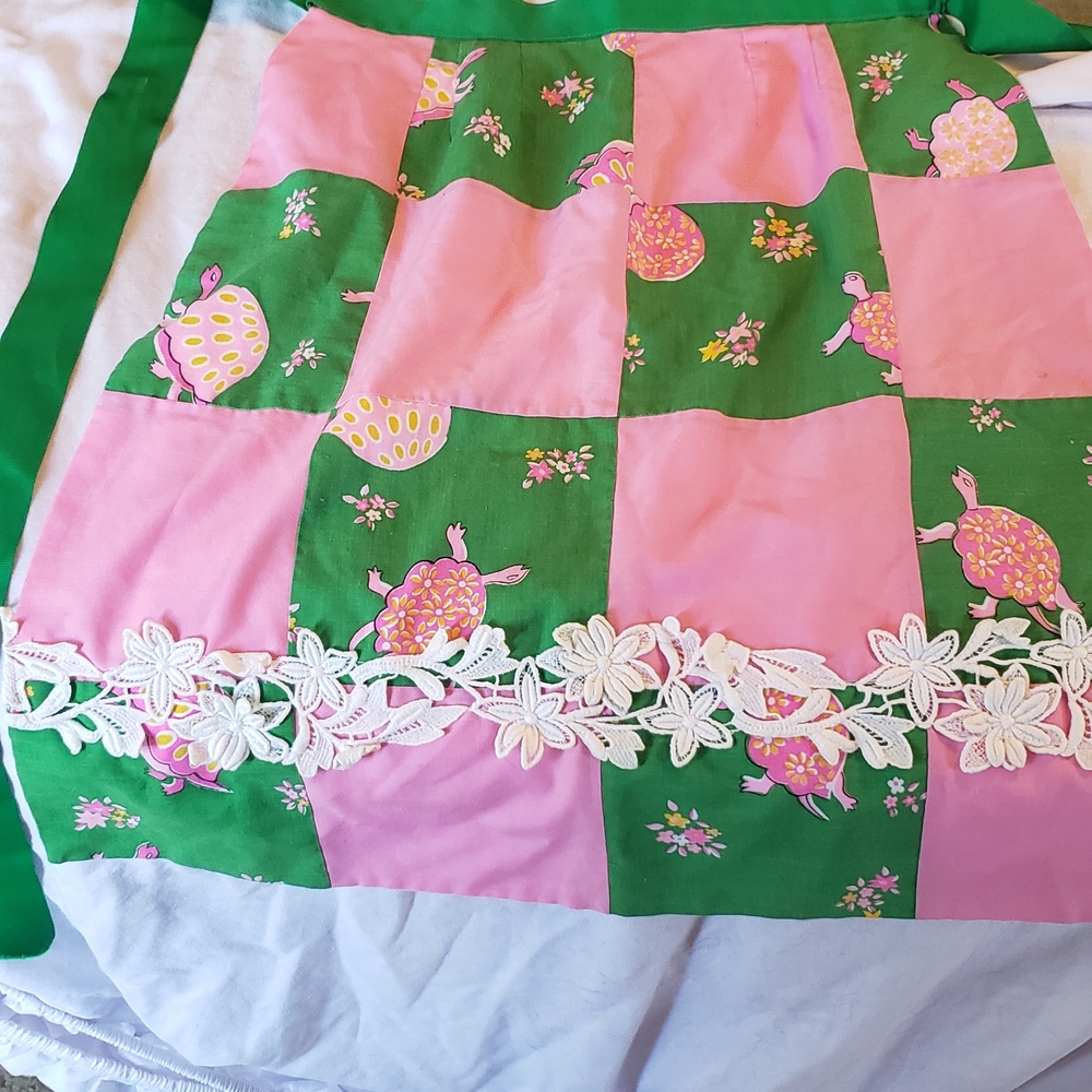 Floral Pink and Green Apron. Handmade vintage antique waist apron. Pink green